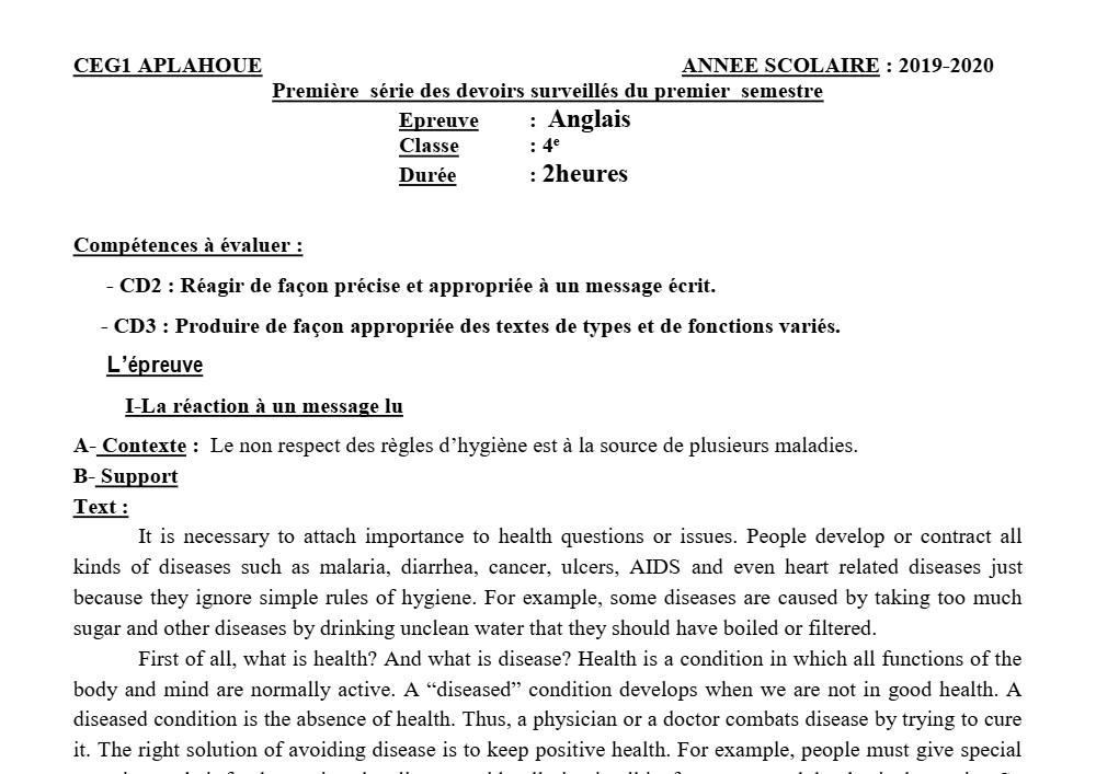 Aperçu de la première page — 4e Anglais 1er Devoir 1er Semestre CEG1 Aplahoué 2019 2020