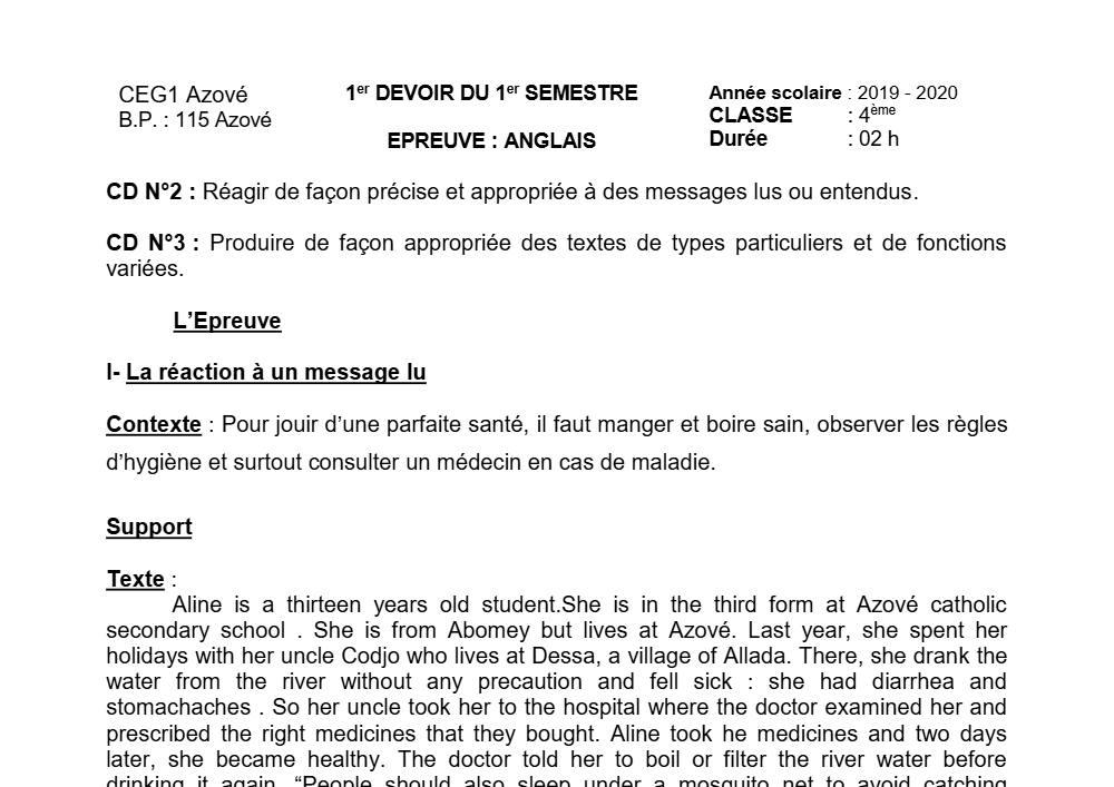 Aperçu de la première page — 4e Anglais 1er Devoir 1er Semestre CEG1 Azové 2019 2020