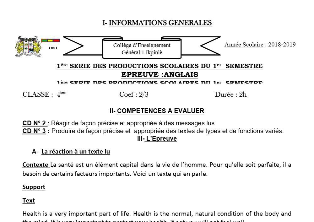 Aperçu de la première page — 4e Anglais 1er Devoir 1er Semestre CEG1 Ikpinlè 2018 2019