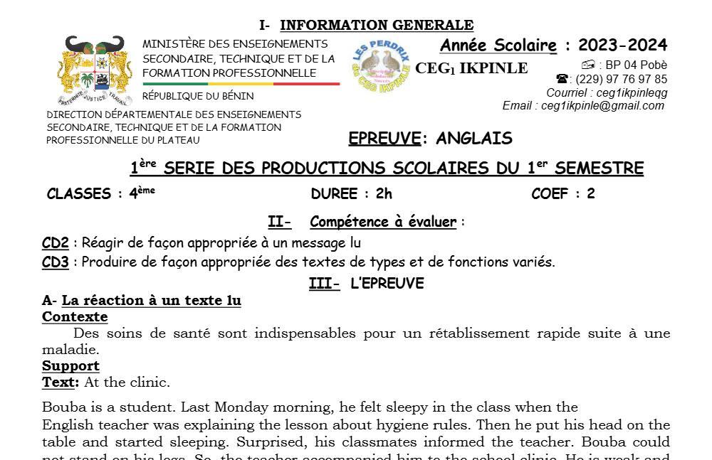 Aperçu de la première page — 4e Anglais 1er Devoir 1er Semestre CEG1 Ikpinlè 2023 2024
