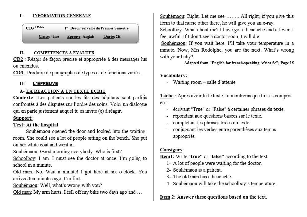 Aperçu de la première page — 4e Anglais 1er Devoir 1er Semestre CEG1 Kalalé 2019 2020
