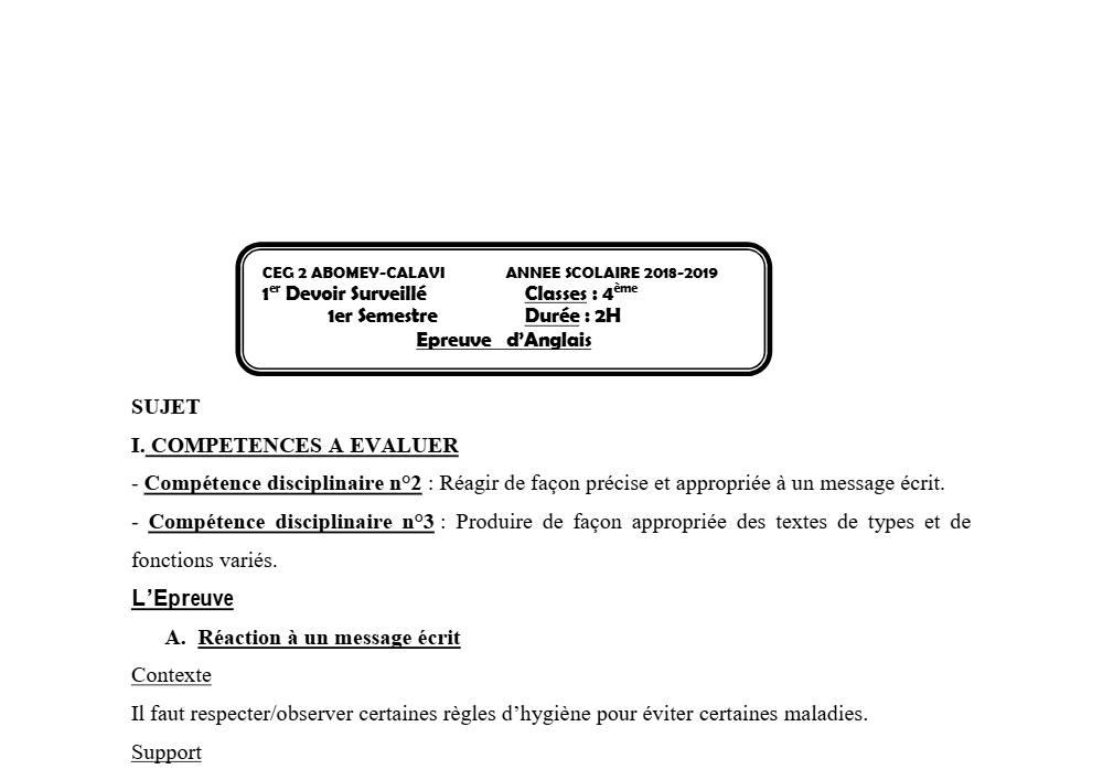 Aperçu de la première page — 4e Anglais 1er Devoir 1er Semestre CEG2 Abomey Calavi 2018 2019