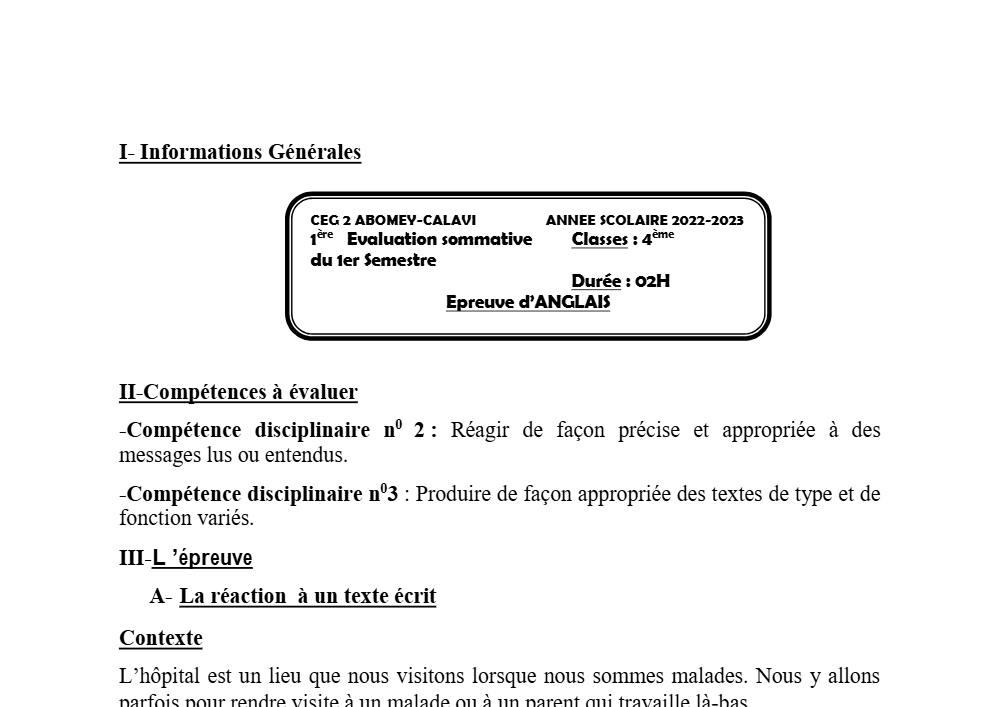 Aperçu de la première page — 4e Anglais 1er Devoir 1er Semestre CEG2 Abomey Calavi 2022 2023