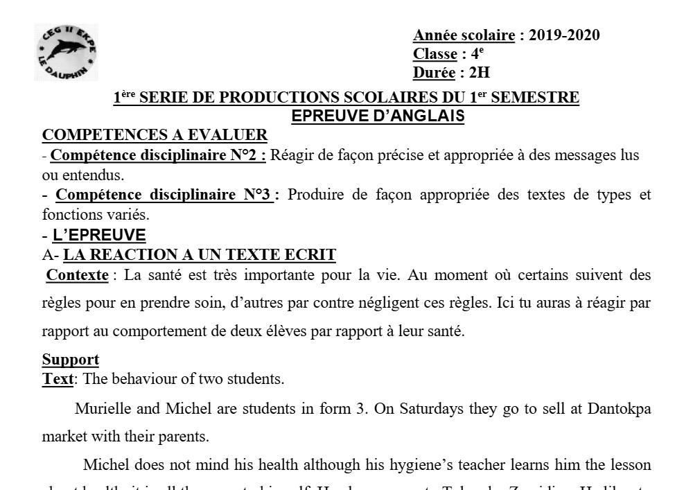 Aperçu de la première page — 4e Anglais 1er Devoir 1er Semestre CEG2 Ekpe 2019 2020