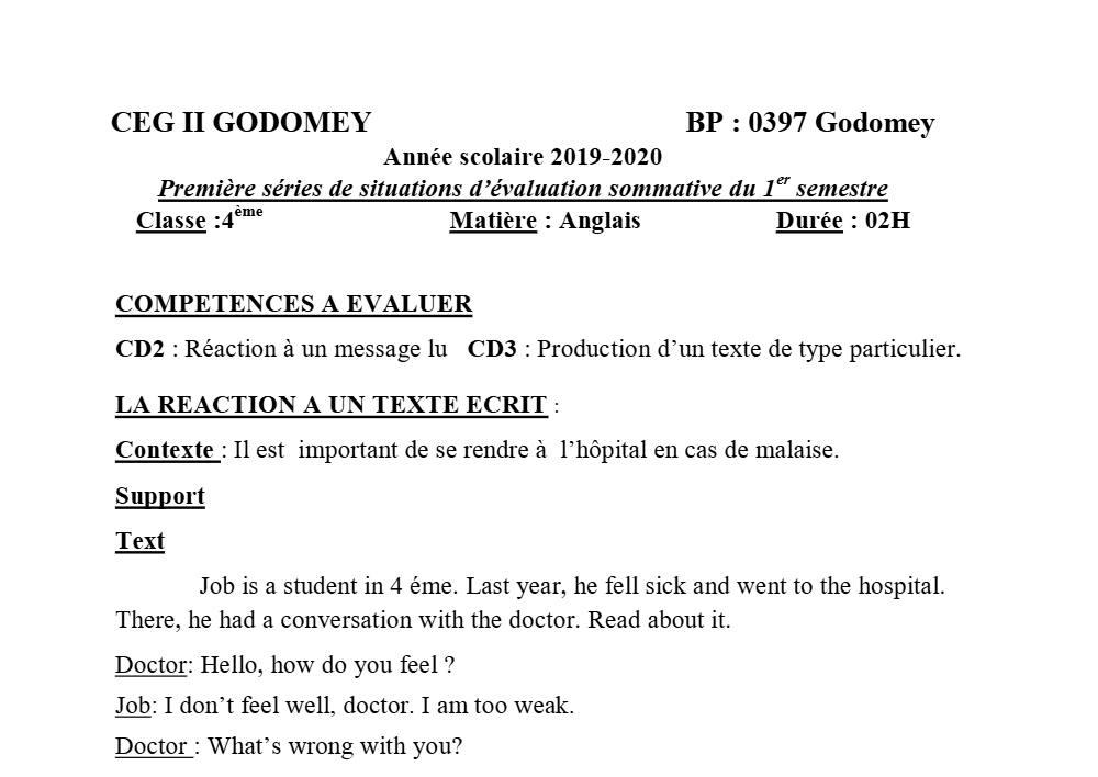 Aperçu de la première page — 4e Anglais 1er Devoir 1er Semestre CEG2 Godomey 2019 2020