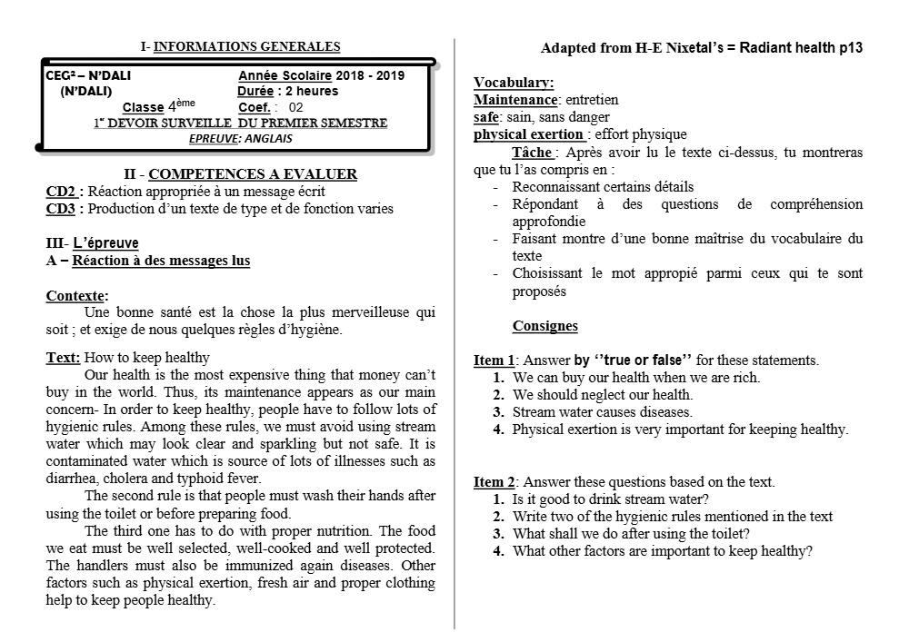 Aperçu de la première page — 4e Anglais 1er Devoir 1er Semestre CEG2 N'Dali 2018 2019