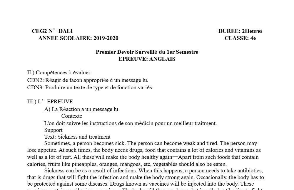 Aperçu de la première page — 4e Anglais 1er Devoir 1er Semestre CEG2 N'Dali 2019 2020