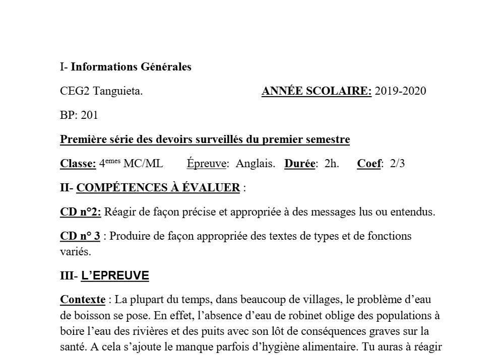 Aperçu de la première page — 4e Anglais 1er Devoir 1er Semestre CEG2 Tanguieta 2019 2020