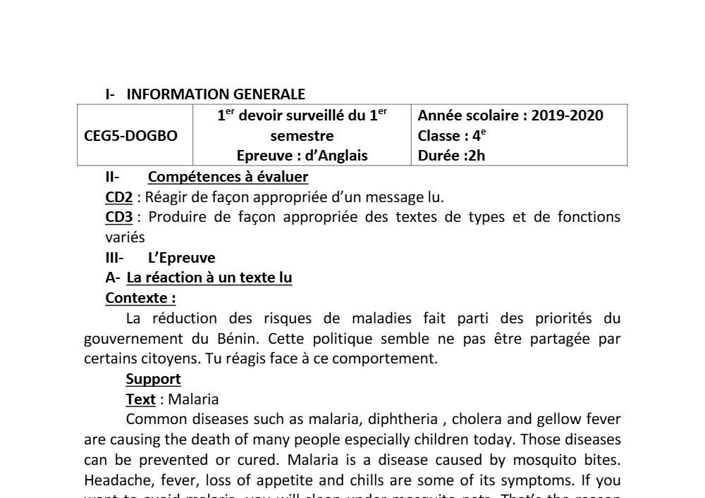 Aperçu de la première page — 4e Anglais 1er Devoir 1er Semestre CEG5 Dogbo 2018 2019