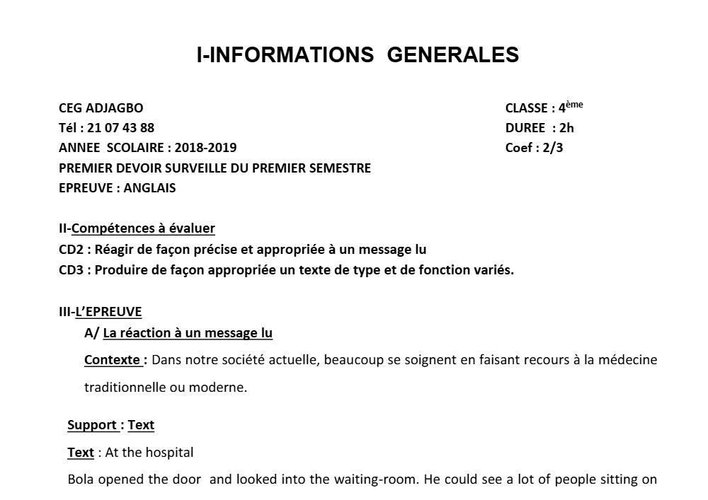 Aperçu de la première page — 4e Anglais 1er Devoir 1er Semestre CEG Adjagbo 2018 2019