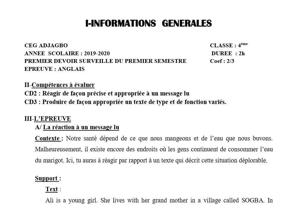 Aperçu de la première page — 4e Anglais 1er Devoir 1er Semestre CEG Adjagbo 2019 2020
