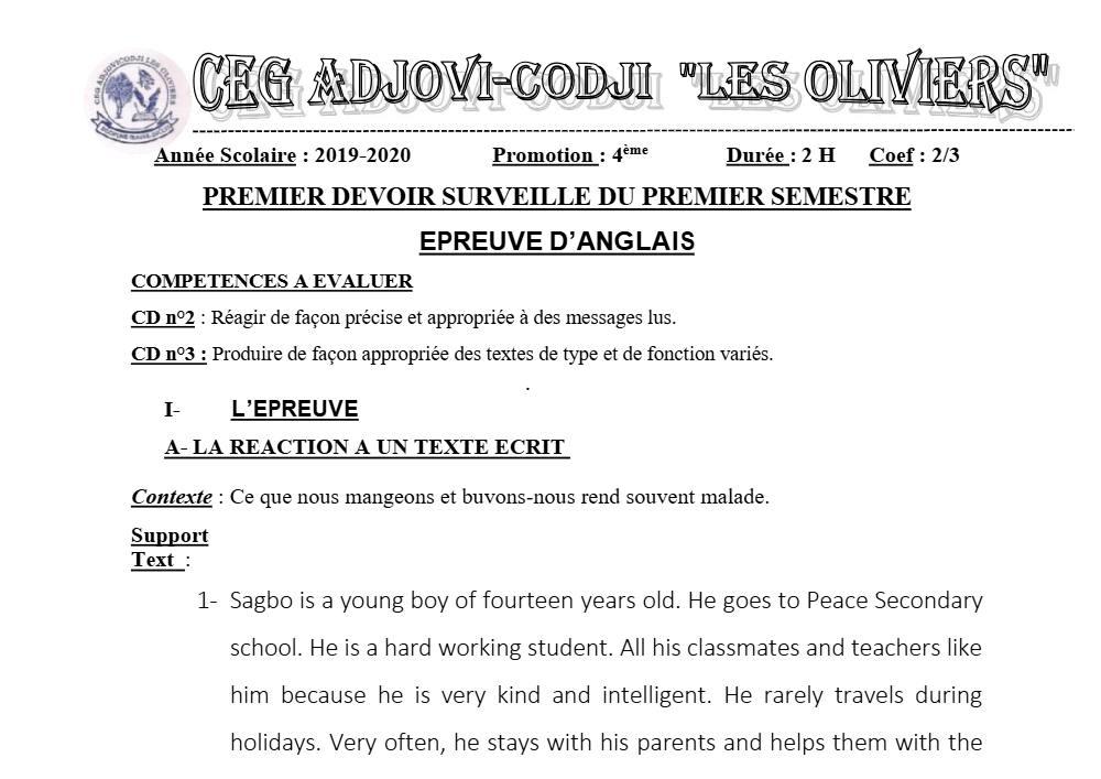 Aperçu de la première page — 4e Anglais 1er Devoir 1er Semestre CEG Adjovi Codji 2019 2020