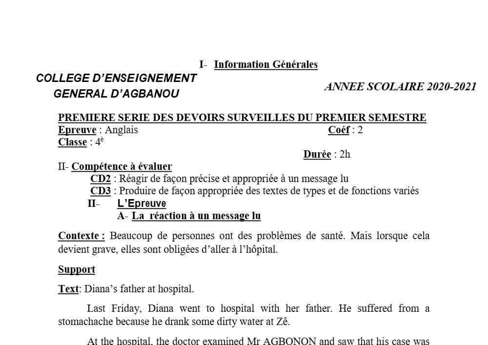 Aperçu de la première page — 4e Anglais 1er Devoir 1er Semestre CEG Agbanou 2020 2021