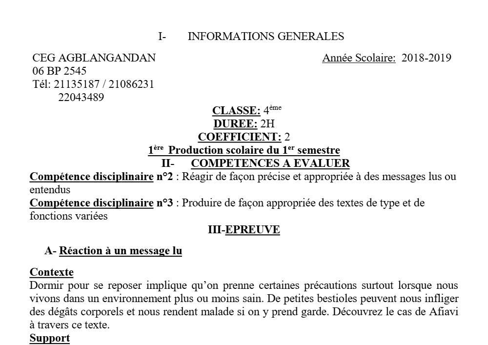 Aperçu de la première page — 4e Anglais 1er Devoir 1er Semestre CEG Agblangandan 2018 2019