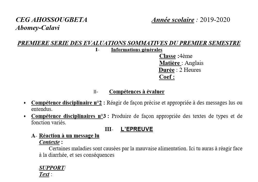 Aperçu de la première page — 4e Anglais 1er Devoir 1er Semestre CEG Ahossougbéta 2019 2020