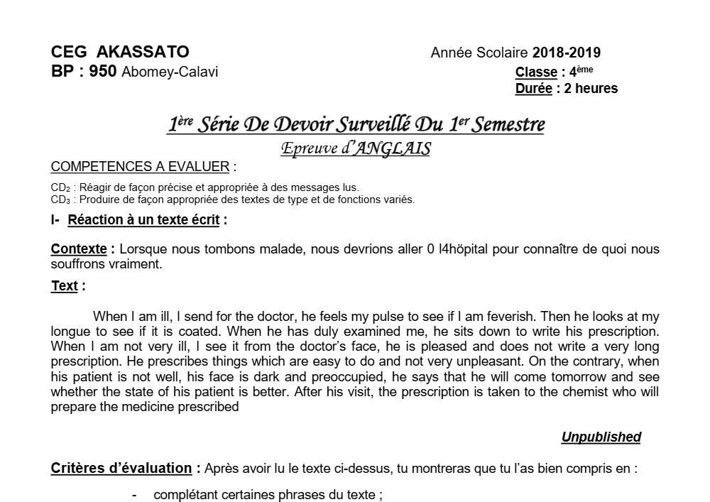 Aperçu de la première page — 4e Anglais 1er Devoir 1er Semestre CEG Akassato 2018 2019