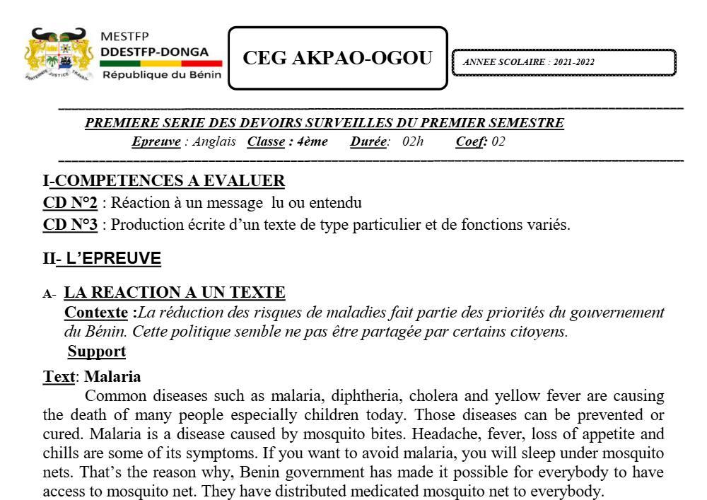 Aperçu de la première page — 4e Anglais 1er Devoir 1er Semestre CEG Akpao Ogou 2021 2022