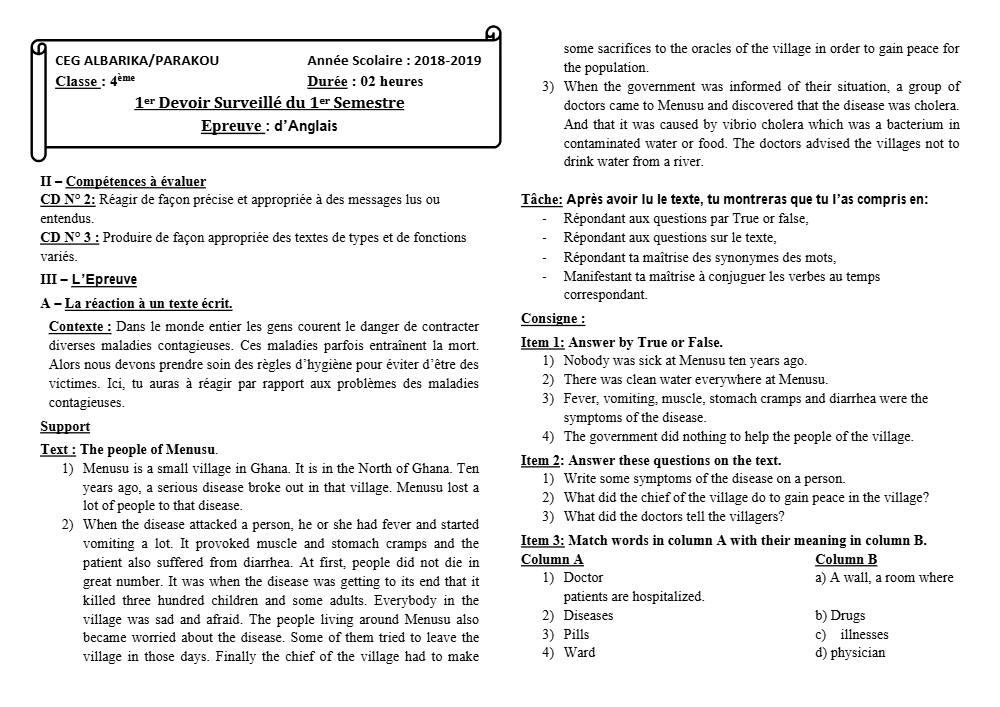 Aperçu de la première page — 4e Anglais 1er Devoir 1er Semestre CEG Albarika 2018 2019