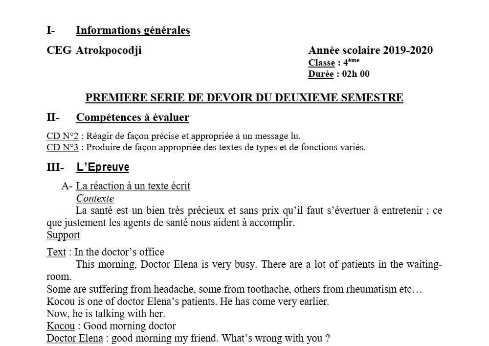 Aperçu de la première page — 4e Anglais 1er Devoir 1er Semestre CEG Atrokpocodji 2019 2020