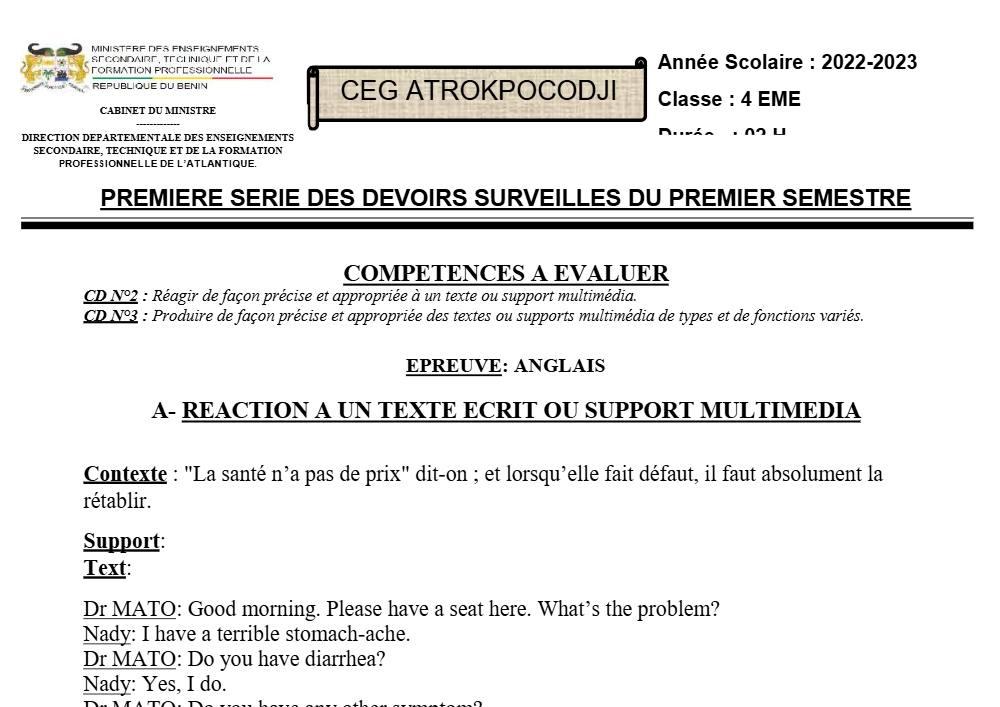 Aperçu de la première page — 4e Anglais 1er Devoir 1er Semestre CEG Atrokpocodji 2022 2023
