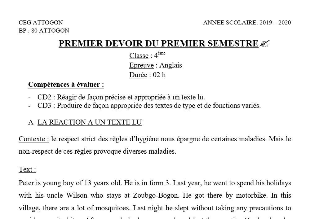 Aperçu de la première page — 4e Anglais 1er Devoir 1er Semestre CEG Attogon 2019 2020