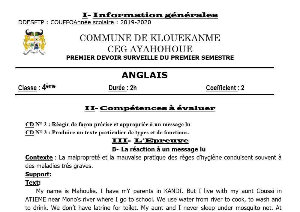 Aperçu de la première page — 4e Anglais 1er Devoir 1er Semestre CEG Ayahohoue 2019 2020