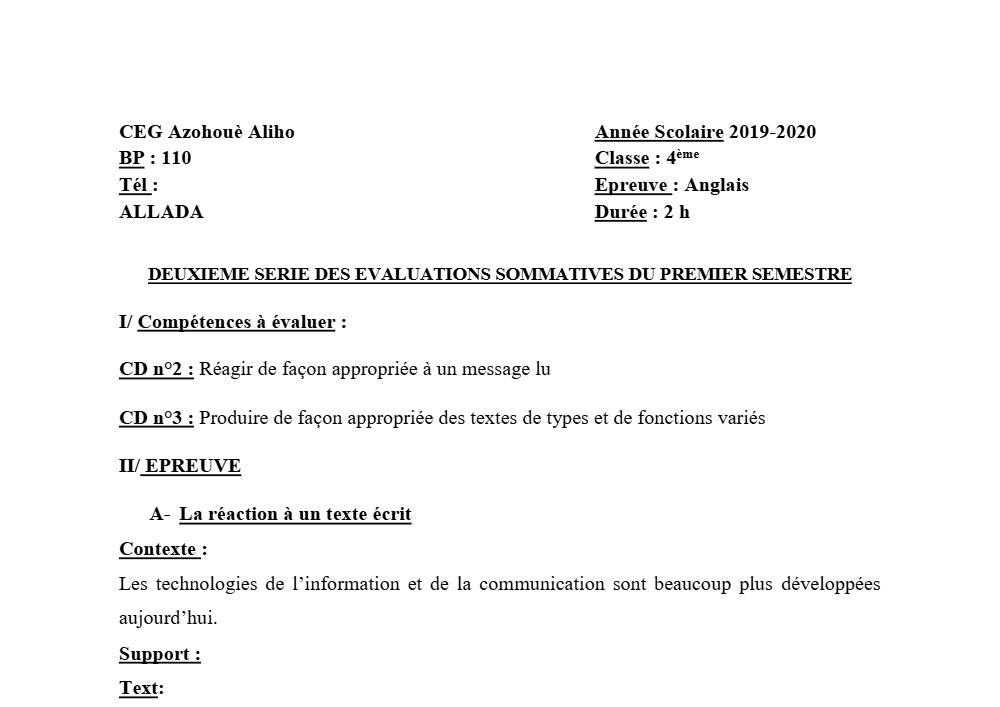 Aperçu de la première page — 4e Anglais 1er Devoir 1er Semestre CEG Azohoue Aliho 2019 2020