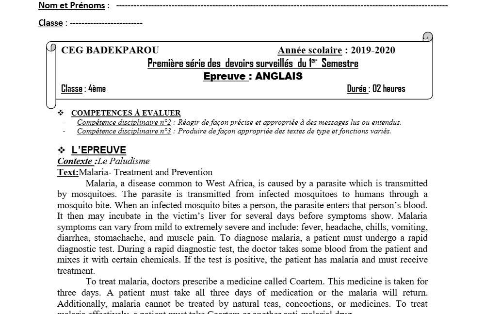 Aperçu de la première page — 4e Anglais 1er Devoir 1er Semestre CEG Badekparou 2019 2020