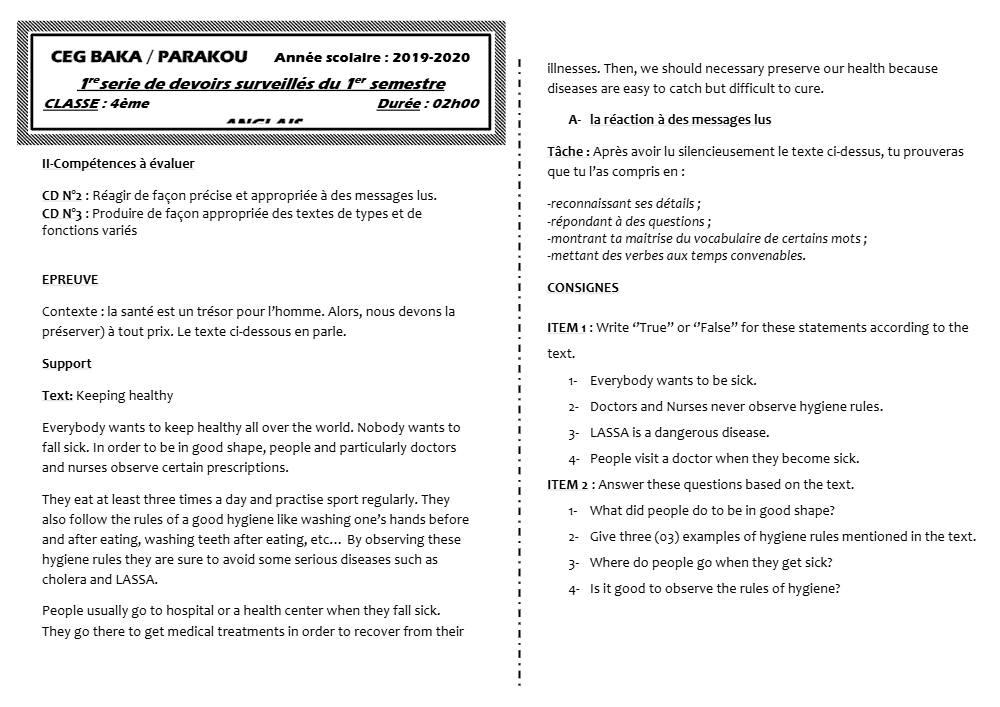 Aperçu de la première page — 4e Anglais 1er Devoir 1er Semestre CEG Baka 2019 2020