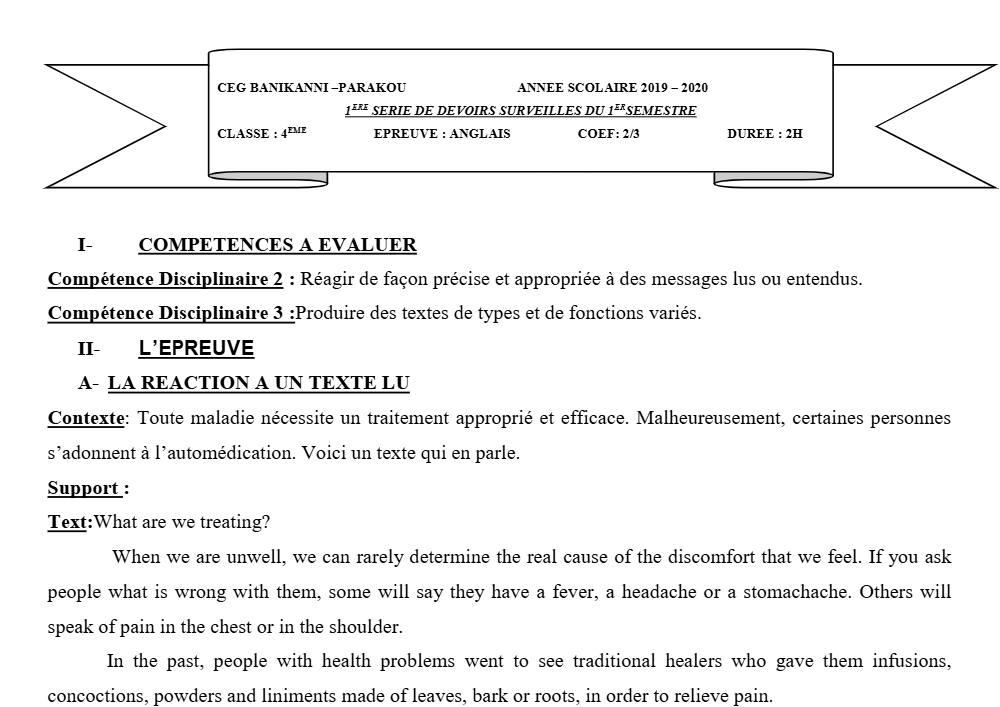 Aperçu de la première page — 4e Anglais 1er Devoir 1er Semestre CEG Banikanni 2019 2020