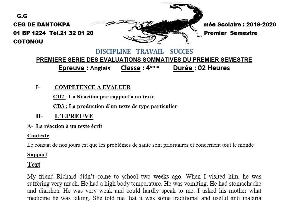 Aperçu de la première page — 4e Anglais 1er Devoir 1er Semestre CEG Dantokpa 2019 2020 (2)