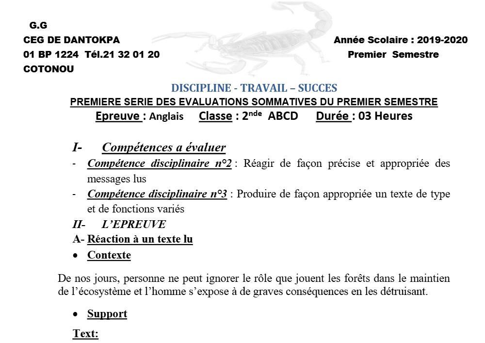 Aperçu de la première page — 4e Anglais 1er Devoir 1er Semestre CEG Dantokpa 2 2019 2020