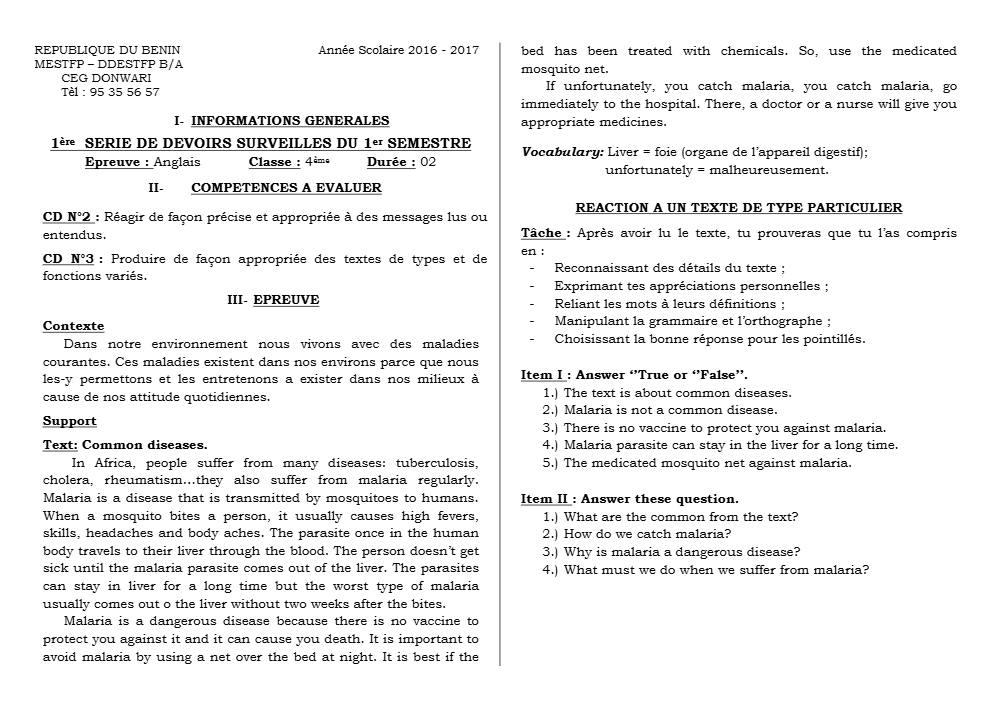 Aperçu de la première page — 4e Anglais 1er Devoir 1er Semestre CEG Donwari 2018 2019