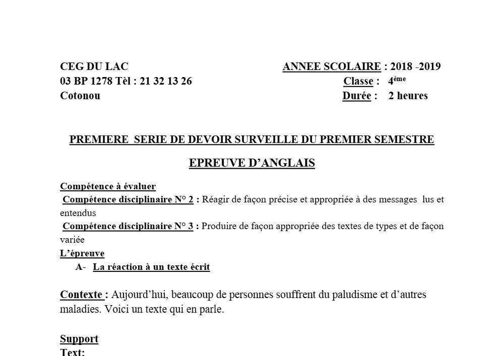Aperçu de la première page — 4e Anglais 1er Devoir 1er Semestre CEG du Lac 2018 2019