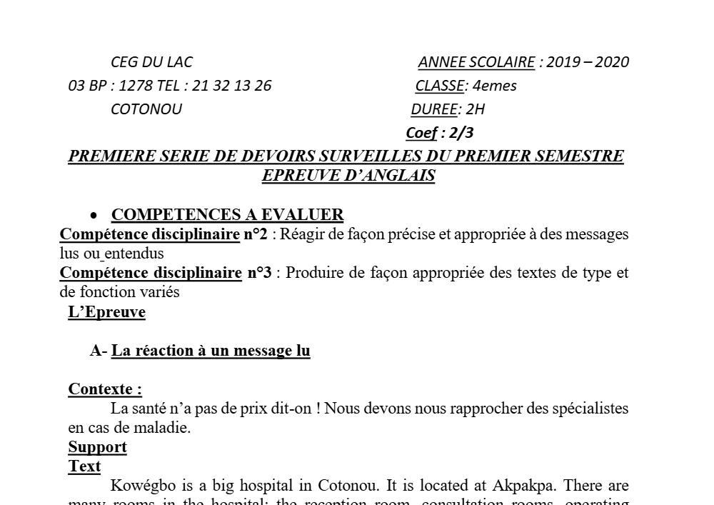 Aperçu de la première page — 4e Anglais 1er Devoir 1er Semestre CEG du Lac 2019 2020