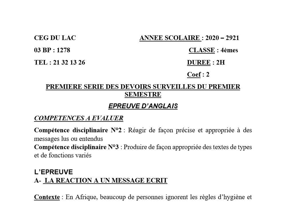 Aperçu de la première page — 4e Anglais 1er Devoir 1er Semestre CEG du Lac 2020 2021