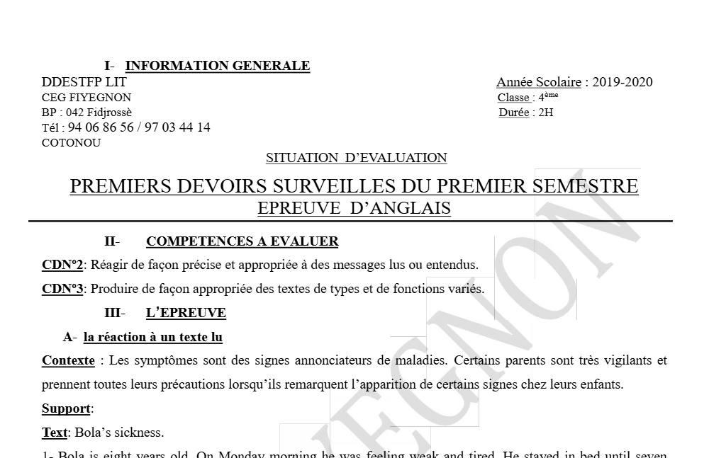 Aperçu de la première page — 4e Anglais 1er Devoir 1er Semestre CEG Fiyegnon 2019 2020