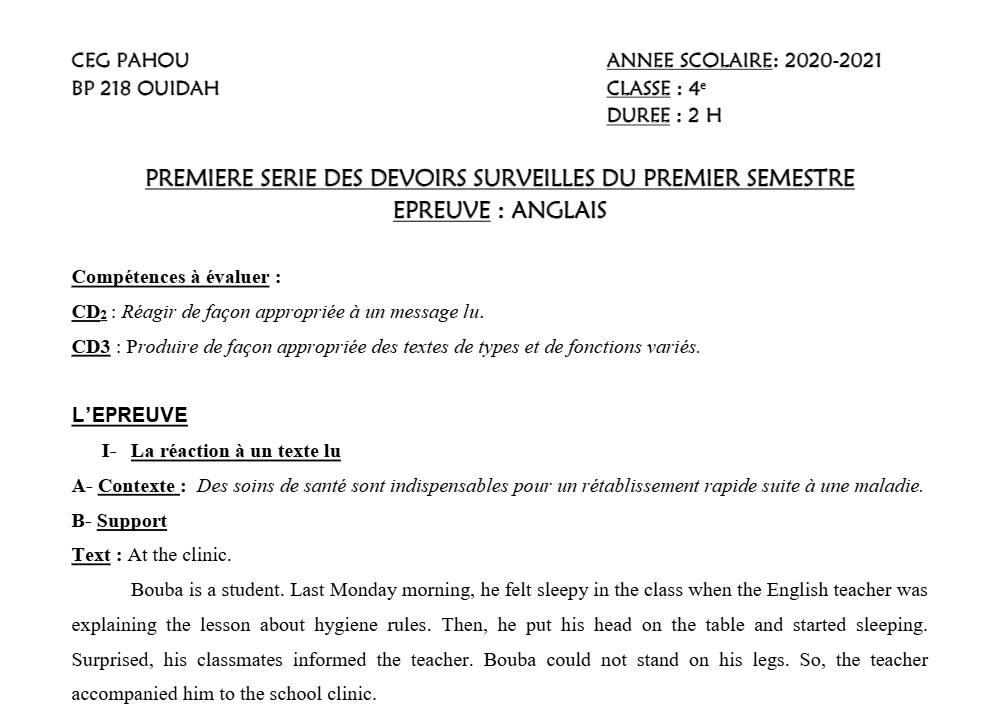 Aperçu de la première page — 4e Anglais 1er Devoir 1er Semestre CEG Fiyegnon 2020 2021