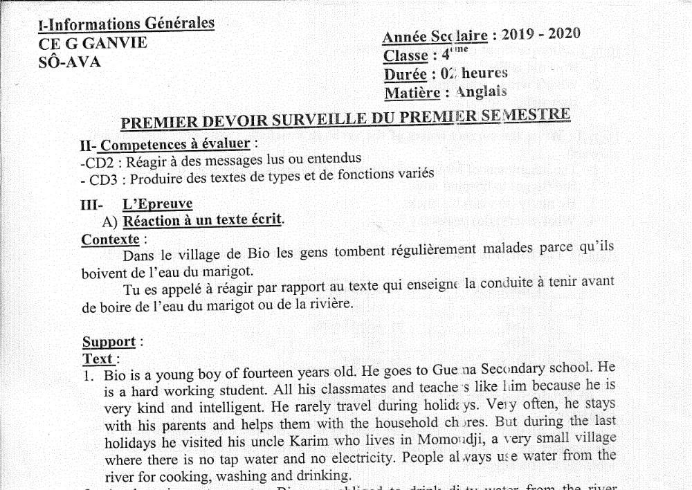 Aperçu de la première page — 4e Anglais 1er Devoir 1er Semestre CEG Ganvie 2019 2020