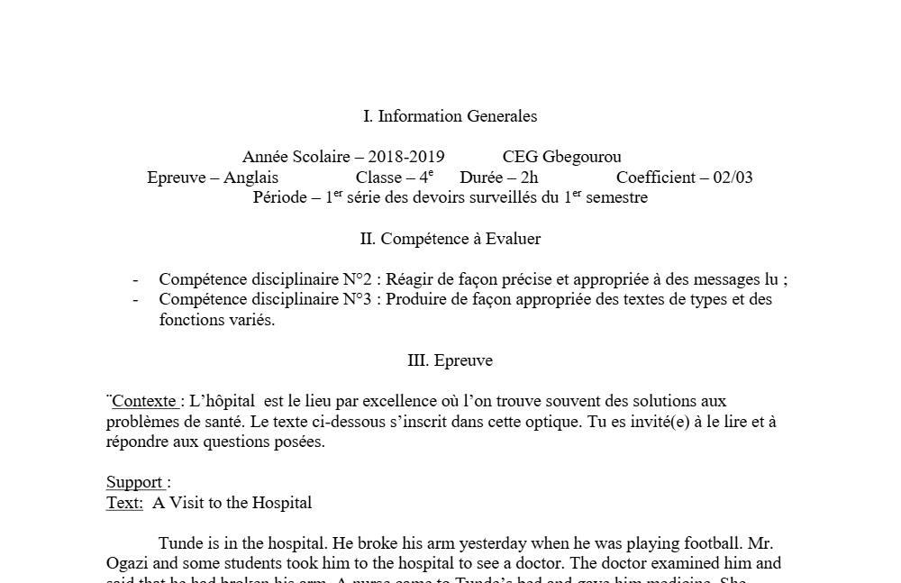 Aperçu de la première page — 4e Anglais 1er Devoir 1er Semestre CEG Gbegourou 2018 2019
