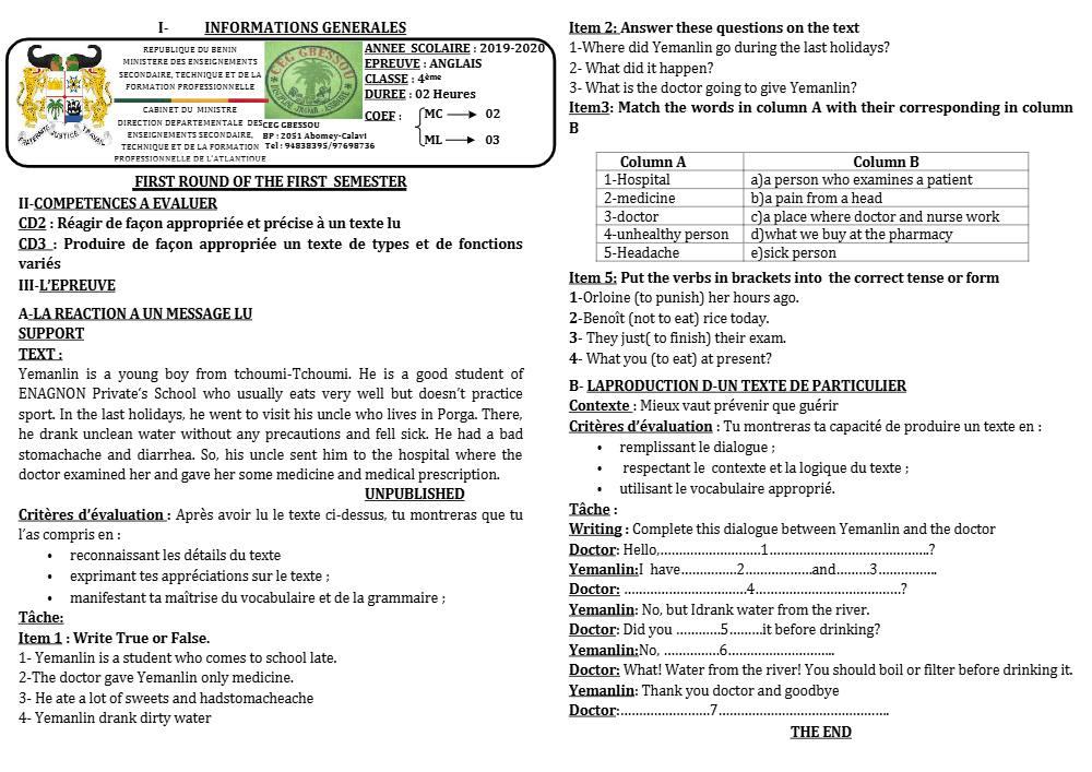 Aperçu de la première page — 4e Anglais 1er Devoir 1er Semestre CEG Gbessou 2019 2020