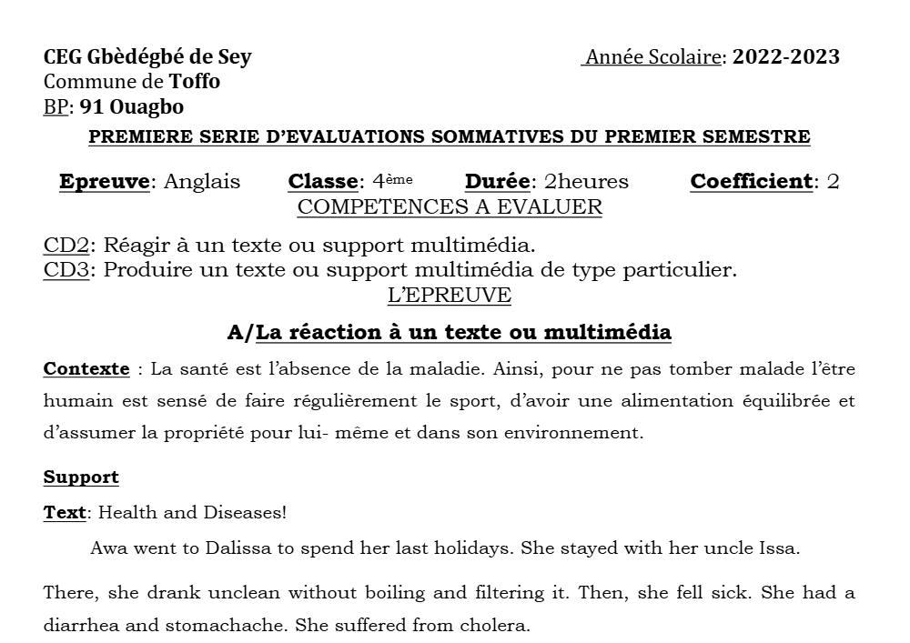 Aperçu de la première page — 4e Anglais 1er Devoir 1er Semestre CEG Gbèdégbé de Sey 2022 2023