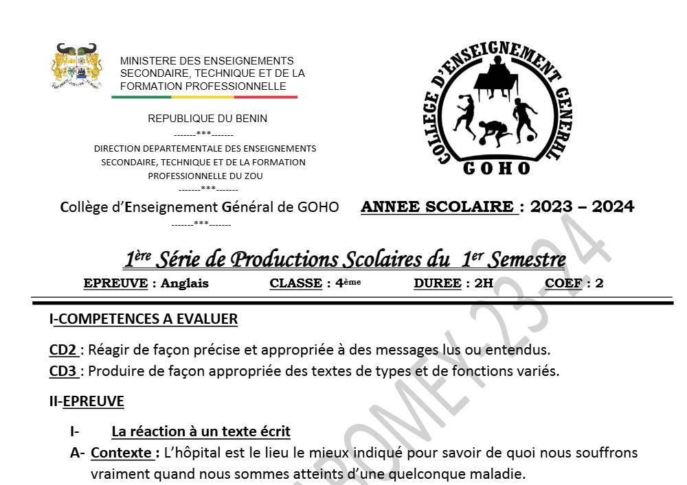 Aperçu de la première page — 4e Anglais 1er Devoir 1er Semestre CEG Goho Abomey 2023 2024