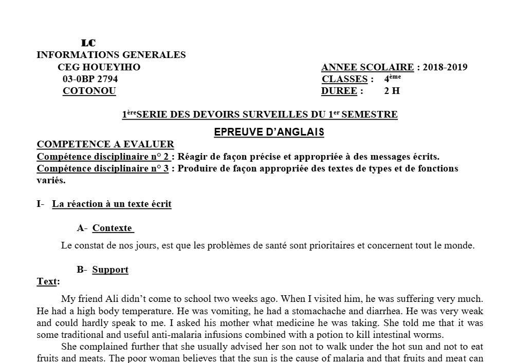 Aperçu de la première page — 4e Anglais 1er Devoir 1er Semestre CEG Houéyiho 2018 2019