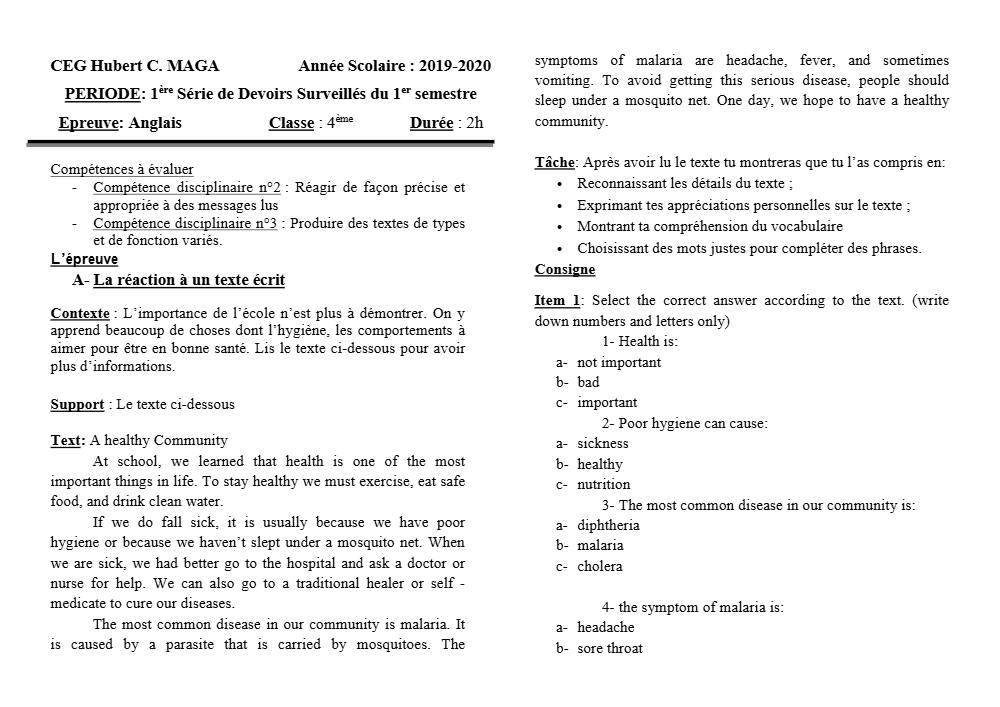 Aperçu de la première page — 4e Anglais 1er Devoir 1er Semestre CEG Hubert C Maga 2019 2020