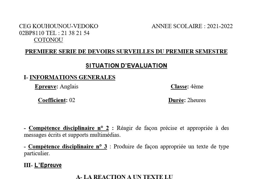 Aperçu de la première page — 4e Anglais 1er Devoir 1er Semestre CEG Kouhounou Vedoko 2021 2022