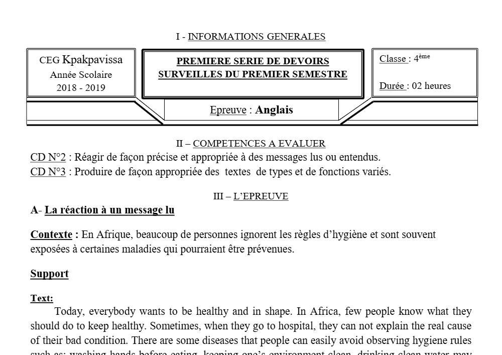 Aperçu de la première page — 4e Anglais 1er Devoir 1er Semestre CEG Kpakpavissa 2018 2019