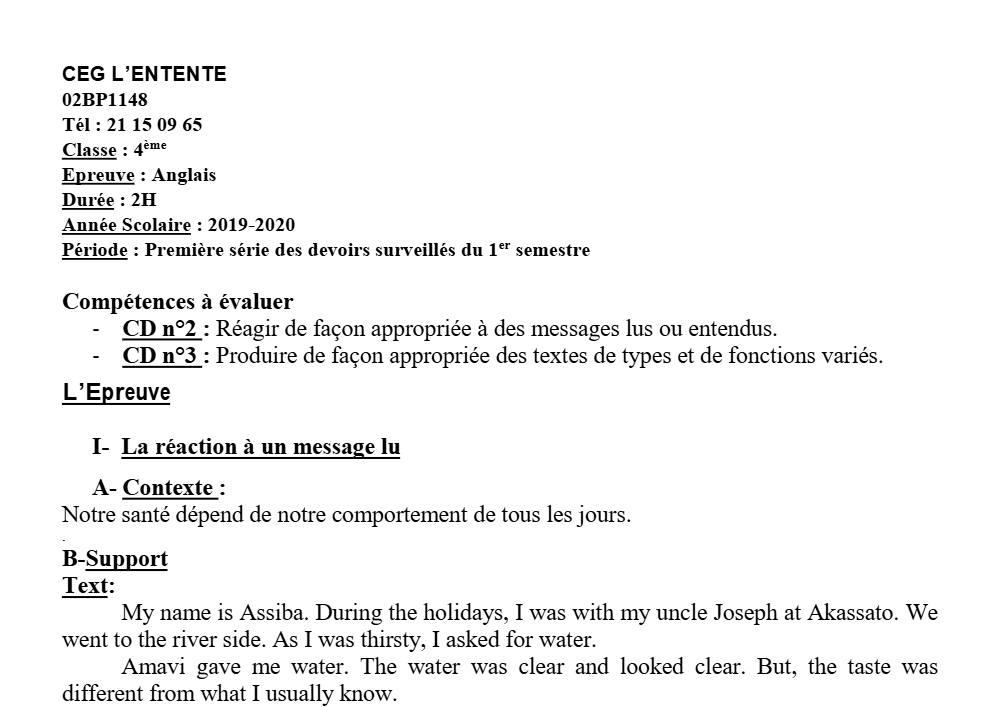 Aperçu de la première page — 4e Anglais 1er Devoir 1er Semestre CEG L'Entente 2019 2020