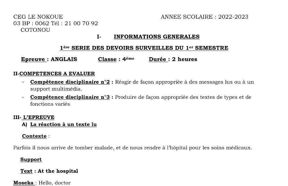 Aperçu de la première page — 4e Anglais 1er Devoir 1er Semestre CEG Le Nokoué Benin 2022 2023