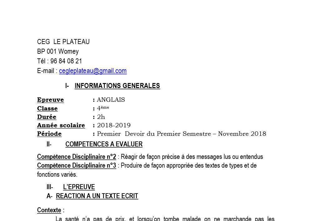Aperçu de la première page — 4e Anglais 1er Devoir 1er Semestre CEG Le Plateau 2018 2019